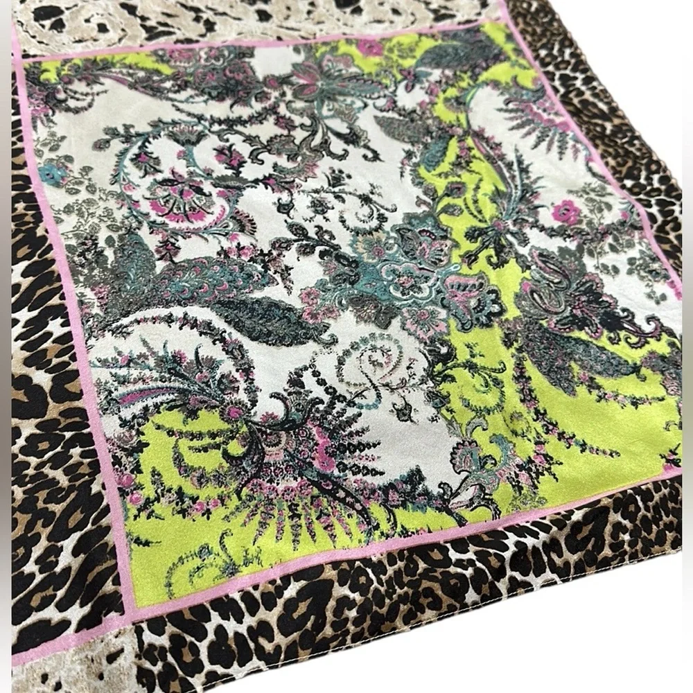 Pure Silk Scarf by Bassler leopard floral black cream pink teal 27x27